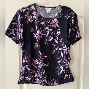 Calvin Klein Black and Purple Floral Short Sleeve Blouse Women’s Size Medium